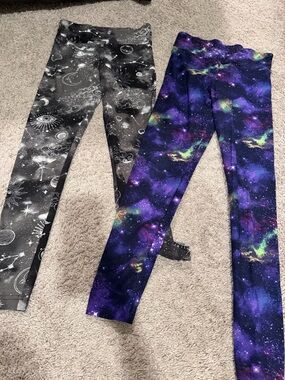 2 pairs- Celestial and Galaxy Print Leggings - Purple & Black- small
